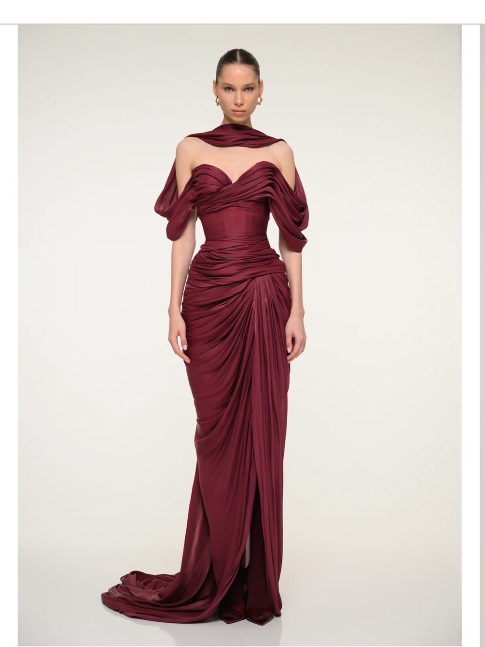 Valdrin Sahiti Burgundy Draped Off-Shoulder Evening Gown